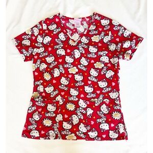 Sanrio Hello Kitty Women's Scrub Top Size XS Red Pink Pockets V neck
